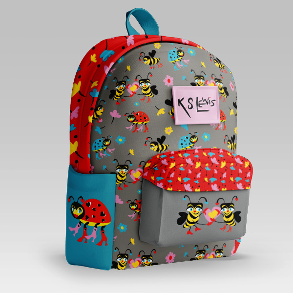 backpack with love bug and bee surface design by K.S. Lewis